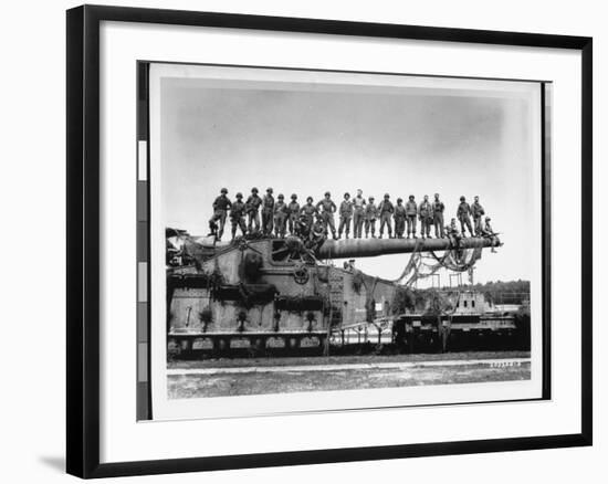 Men of US Army Easily Standing on Barrel of Mammoth 274 Mm Railroad Gun During WWII-Pat W^ Kohl-Framed Photographic Print