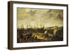 Men-Of-War Sailing Out of an Estuary with Figures in the Forground-Adam Willaerts-Framed Giclee Print