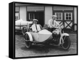 Men on Harley Davidson Motorcycle with Sidecar - Indianapolis, IN-Lantern Press-Framed Stretched Canvas