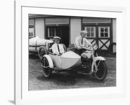 Men on Harley Davidson Motorcycle with Sidecar - Indianapolis, IN-Lantern Press-Framed Art Print