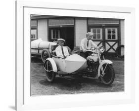 Men on Harley Davidson Motorcycle with Sidecar - Indianapolis, IN-Lantern Press-Framed Art Print