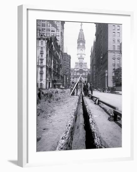 Men Posing While Laying Pipe, Philadelphia, Pennsylvania-null-Framed Photo