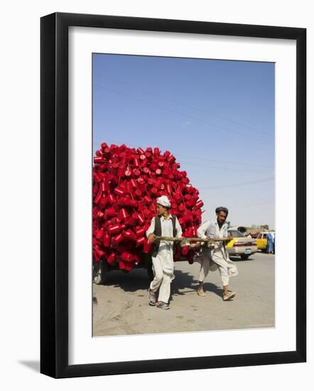 Men Pulling Wooden Cart Piled with Red Water Containers Along Road, Balkh Province, Afghanistan-Jane Sweeney-Framed Photographic Print