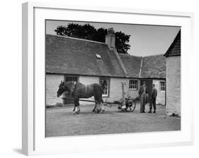 Men Standing Near Horse-Drawn Farming Equipment-null-Framed Photographic Print