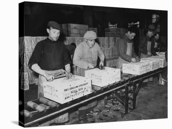 Men Working in the Packaging Department of the Cinzano Wine Works-Carl Mydans-Stretched Canvas