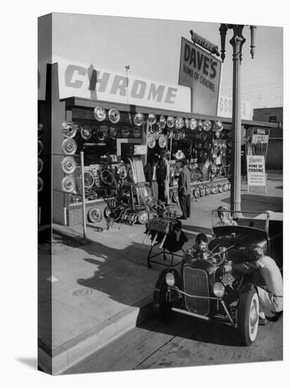 Men Working on a Chromed Roadster in Preparation For a Drag Race-Ralph Crane-Stretched Canvas