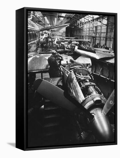 Men Working on Partially Completed Jets at New Vickers Plant-Carl Mydans-Framed Stretched Canvas