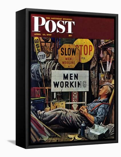 "Men Working," Saturday Evening Post Cover, April 12, 1947-Stevan Dohanos-Framed Stretched Canvas