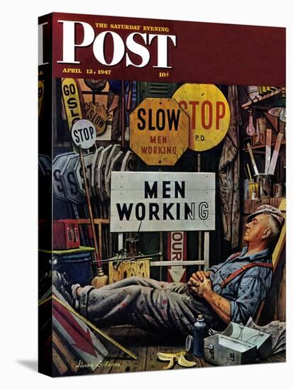 "Men Working," Saturday Evening Post Cover, April 12, 1947-Stevan Dohanos-Stretched Canvas