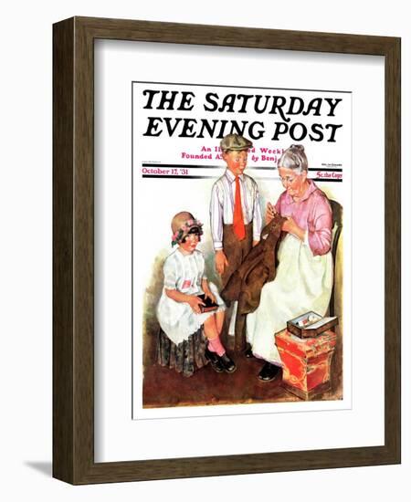 "Mending His Jacket," Saturday Evening Post Cover, October 17, 1931-Ellen Pyle-Framed Giclee Print