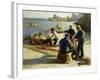 Mending the Nets, Newlyn, (Oil on Canvas)-Harold Harvey-Framed Giclee Print