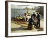 Mending the Nets, Newlyn, (Oil on Canvas)-Harold Harvey-Framed Giclee Print