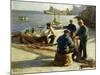 Mending the Nets, Newlyn, (Oil on Canvas)-Harold Harvey-Mounted Giclee Print