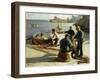 Mending the Nets, Newlyn, (Oil on Canvas)-Harold Harvey-Framed Giclee Print