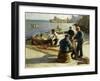 Mending the Nets, Newlyn, (Oil on Canvas)-Harold Harvey-Framed Giclee Print