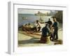 Mending the Nets, Newlyn, (Oil on Canvas)-Harold Harvey-Framed Giclee Print