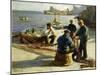 Mending the Nets, Newlyn, (Oil on Canvas)-Harold Harvey-Mounted Giclee Print