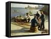 Mending the Nets, Newlyn, (Oil on Canvas)-Harold Harvey-Framed Stretched Canvas