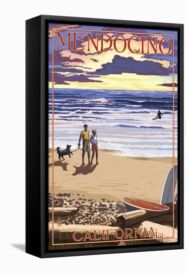 Mendocino, California - Beach Scene and Surfers-Lantern Press-Framed Stretched Canvas