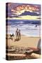 Mendocino, California - Beach Scene and Surfers-Lantern Press-Stretched Canvas