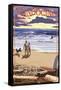 Mendocino, California - Beach Scene and Surfers-Lantern Press-Framed Stretched Canvas