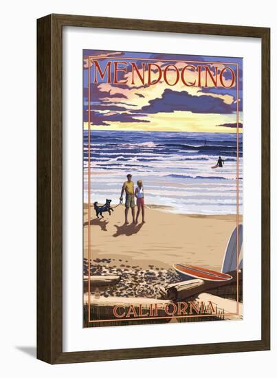 Mendocino, California - Beach Scene and Surfers-Lantern Press-Framed Art Print