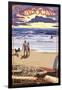 Mendocino, California - Beach Scene and Surfers-Lantern Press-Framed Art Print