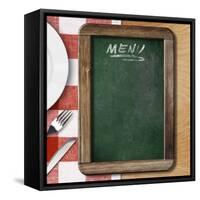 Menu Blackboard Lying on Table with Plate, Knife and Fork-Andrey_Kuzmin-Framed Stretched Canvas