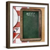 Menu Blackboard Lying on Table with Plate, Knife and Fork-Andrey_Kuzmin-Framed Photographic Print