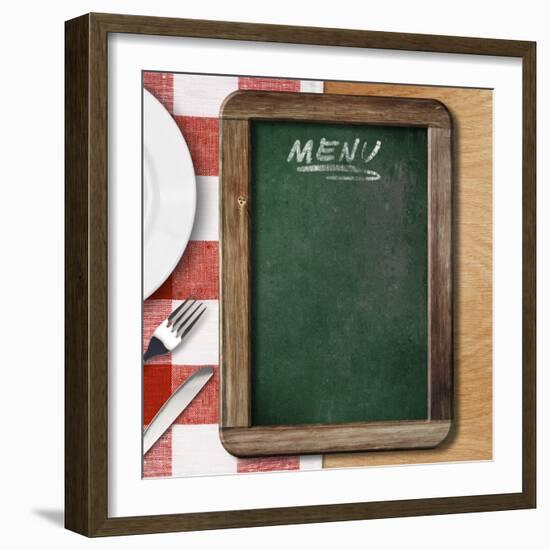 Menu Blackboard Lying on Table with Plate, Knife and Fork-Andrey_Kuzmin-Framed Photographic Print