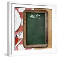 Menu Blackboard Lying on Table with Plate, Knife and Fork-Andrey_Kuzmin-Framed Photographic Print
