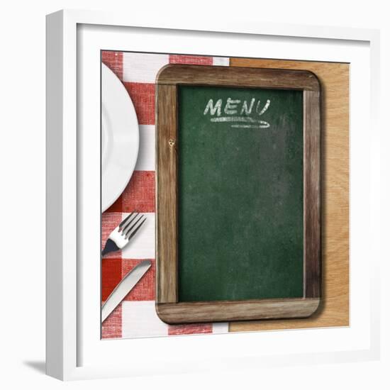 Menu Blackboard Lying on Table with Plate, Knife and Fork-Andrey_Kuzmin-Framed Photographic Print