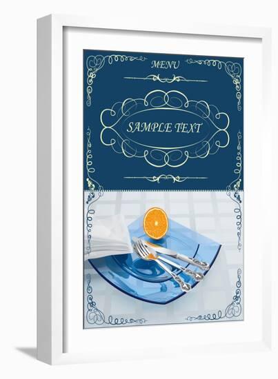 Menu Illustrating Silver Knife, Fork and Spoon on Blue Glass Plates, and Half an Orange - Vector-Milovelen-Framed Art Print