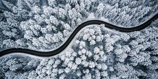 Curvy Windy Road in Snow Covered Forest, Top down Aerial View-merc67-Photographic Print