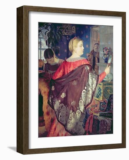 Merchant's Woman with a Mirror-Boris Kustodiyev-Framed Giclee Print