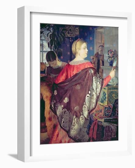 Merchant's Woman with a Mirror-Boris Kustodiyev-Framed Giclee Print