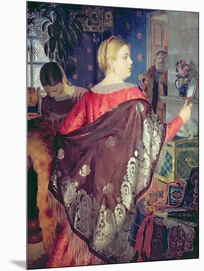 Merchant's Woman with a Mirror-Boris Kustodiyev-Mounted Giclee Print