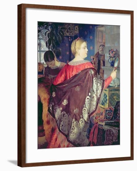 Merchant's Woman with a Mirror-Boris Kustodiyev-Framed Giclee Print