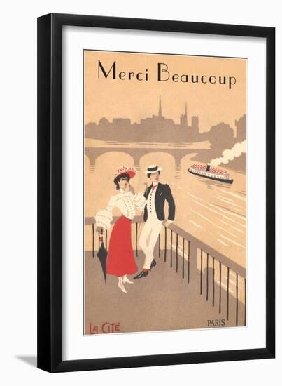 Merci Beaucoup, Art Deco Couple on Seine-null-Framed Art Print