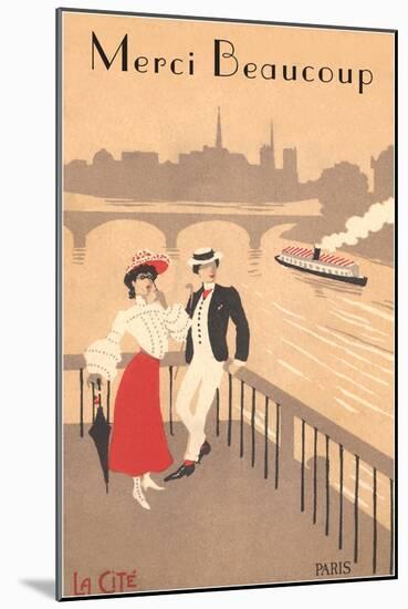 Merci Beaucoup, Art Deco Couple on Seine-null-Mounted Art Print