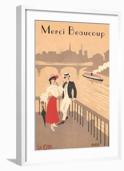 Merci Beaucoup, Art Deco Couple on Seine-null-Framed Art Print