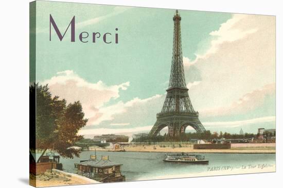 Merci, Eiffel Tower and Seine-null-Stretched Canvas