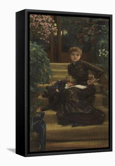 Mère et enfant assis sur le perron d'une maison de campagne-James Tissot-Framed Stretched Canvas