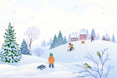 Vector Cartoon Illustration of a Winter Scene in a Small Snowy Village with Playing Kids-Merggy-Art Print