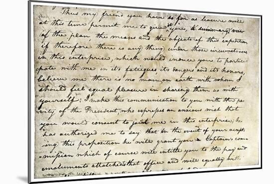 Meriwether Lewis's Letter Inviting William Clark to Join Expedition to Explore Louisiana Territory-null-Mounted Giclee Print