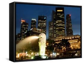 Merlion Fountain with Statue of Half Lion and Fish, with City Buildings Beyond, Southeast Asia-Richard Nebesky-Framed Stretched Canvas