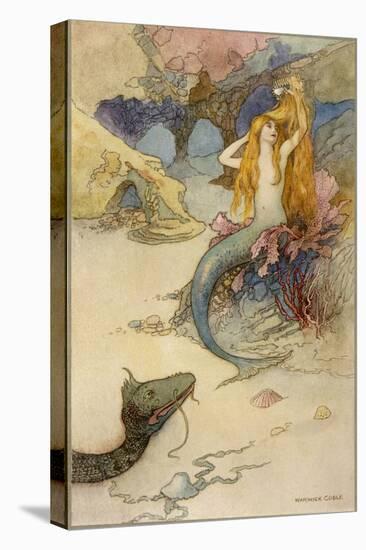 Mermaid Combing Her Hair-Warwick Goble-Stretched Canvas