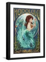 Mermaid - Honolulu, Hawaii-Lantern Press-Framed Art Print