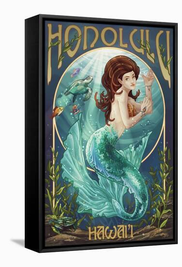 Mermaid - Honolulu, Hawaii-Lantern Press-Framed Stretched Canvas