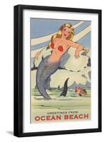 Mermaid with Greetings from Ocean Beach, San Diego-null-Framed Art Print